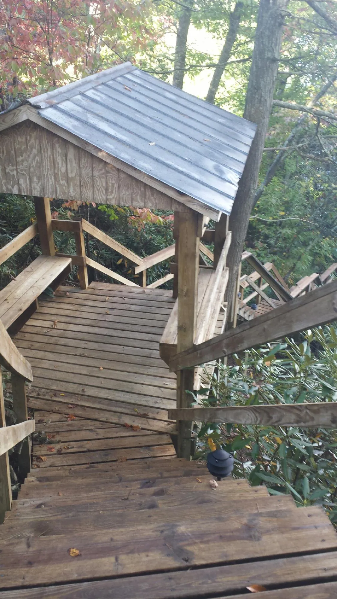 Metal roofed shelter over wooden steps on a wooded walkway — Skylight Repair & Installation work by our crew in Dallesport